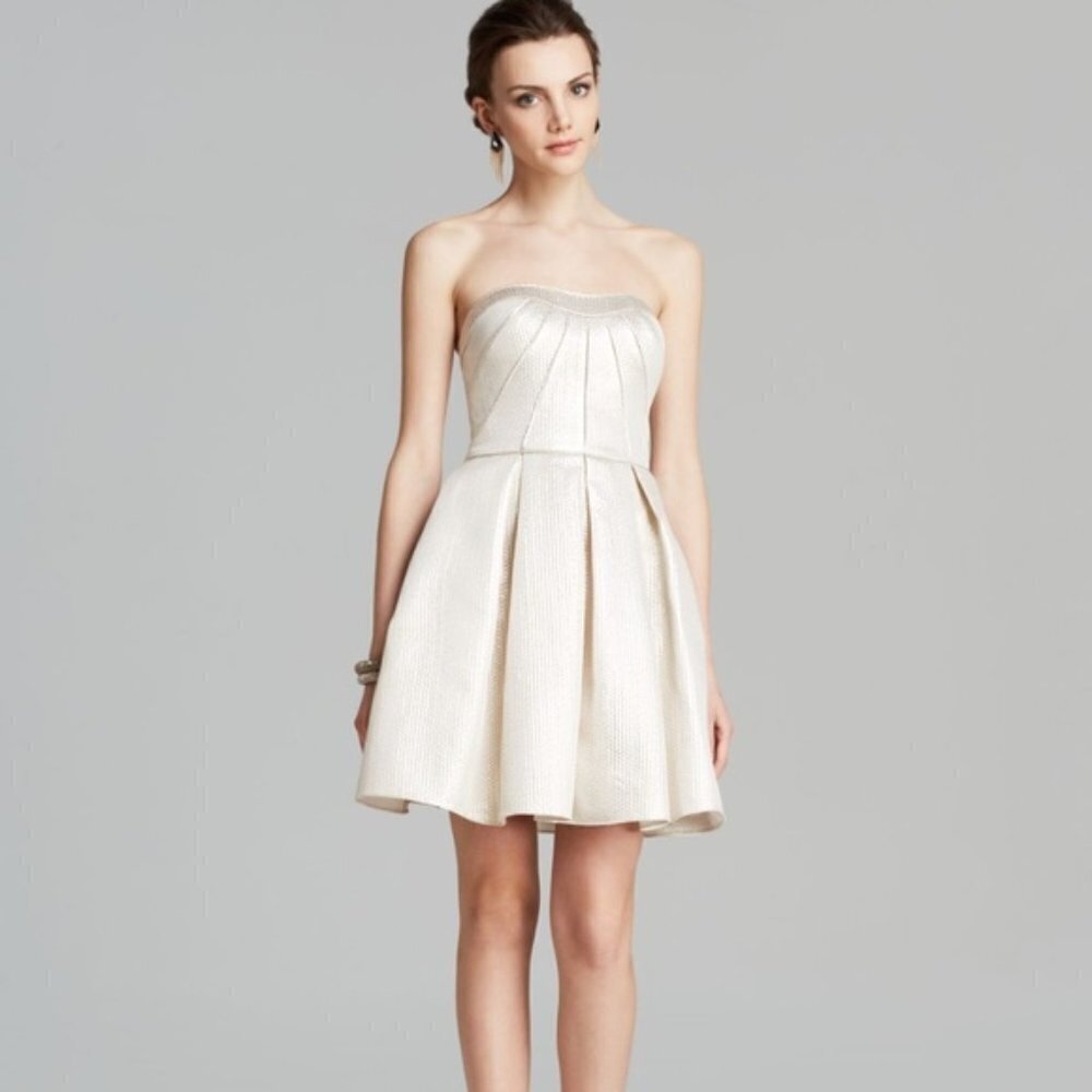 Aidan Mattox • strapless fit & flare mini dress champagne gold cocktail pleated